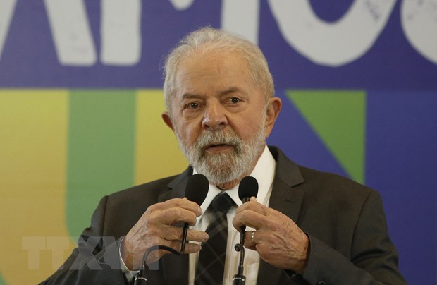 Ứng cử viên Tổng thống Brazil Luiz Inacio Lula da Silva trong cuộc họp báo ở Sao Paulo ngày 22/8/2022. (Ảnh: AFP/TTXVN)