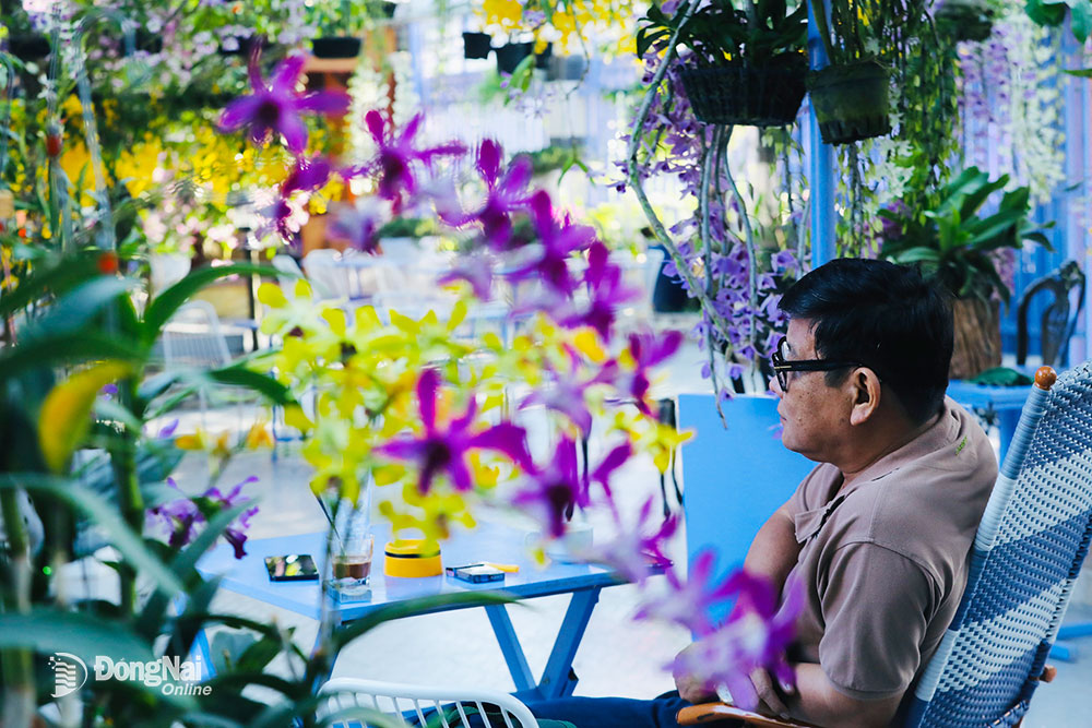 Nhà văn Nguyễn Một thư giãn với ly café buổi sáng cuối tuần cùng khách đến thưởng lãm hoa