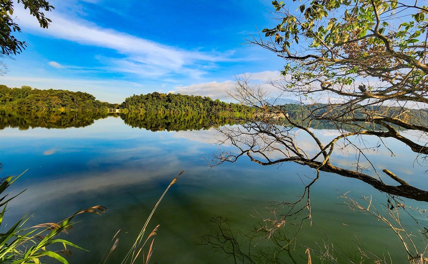 Pa Khoang Lake is nestled among majestic natural surroundings and boasts a refreshing climate and abundant lush vegetation. 

