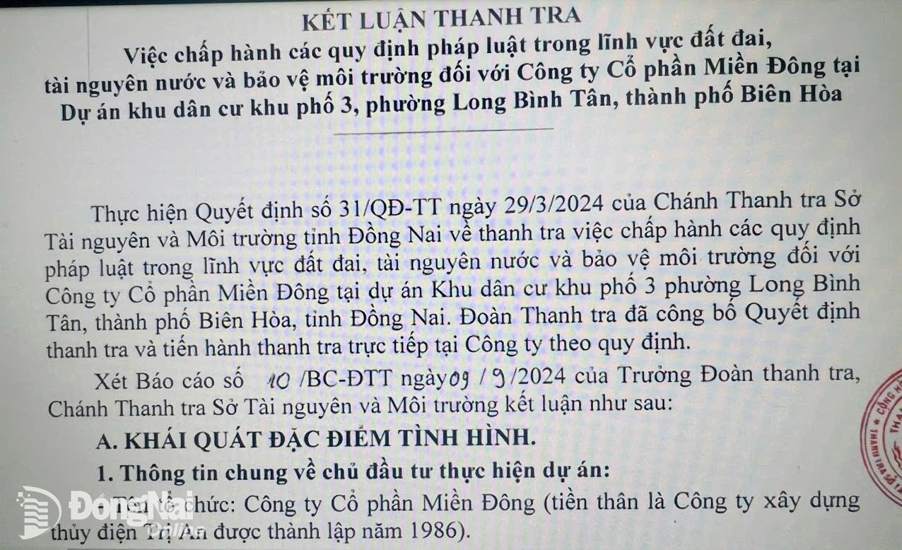 Nhiều tồn tại về đất đai, môi trường tại một dự án khu dân cư ở Biên Hòa của Công ty CP Miền Đông