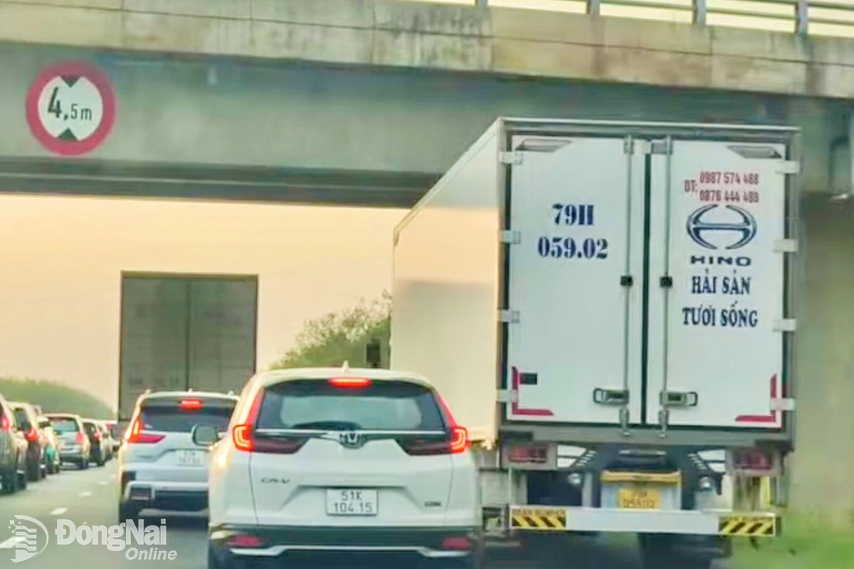 Xe tải biển số 79H-059.02 do anh N.L.T.H. điều khiển chạy trên làn dừng khẩn cấp đường cao tốc Phan Thiết - Dầu Giây (đoạn qua xã Dầu Giây, tỉnh Đồng Nai) ngày 3-1. Ảnh: Cục Cảnh sát giao thông
