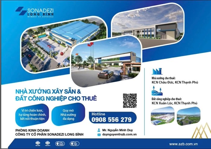 Công ty cổ phần Sonadezi Long Bình thông báo cho thuê nhà xưởng xây sẵn và đất công nghiệp