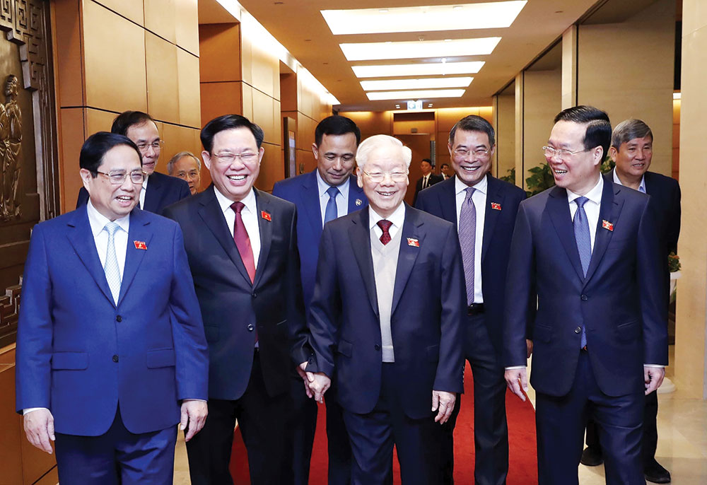 Tổng bí thư Nguyễn Phú Trọng và các đồng chí lãnh đạo Đảng, Nhà nước tham dự Kỳ họp bất thường lần thứ 5, Quốc hội khóa XV, ngày 15-1-2024. Ảnh: TTXVN