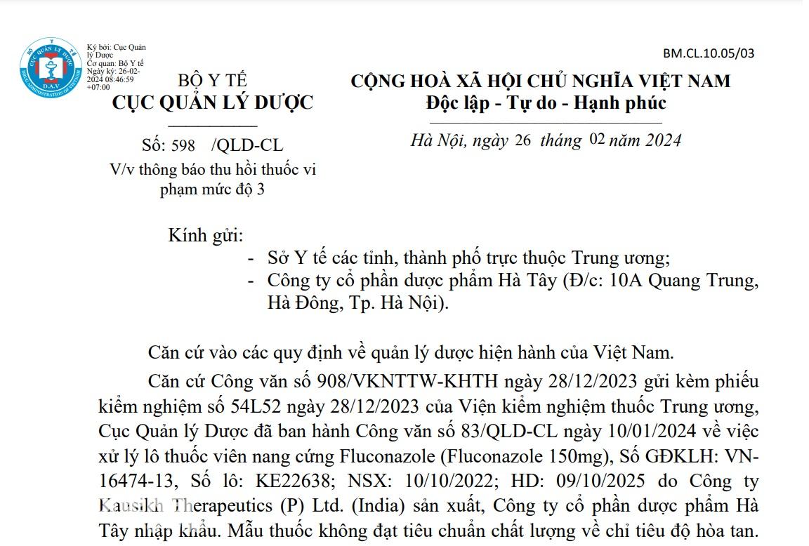 Một phần văn bản của Cục Quản lý Dược về việc thu hồi lô thuốc Fluconazole 150mg không đạt chất lượng
