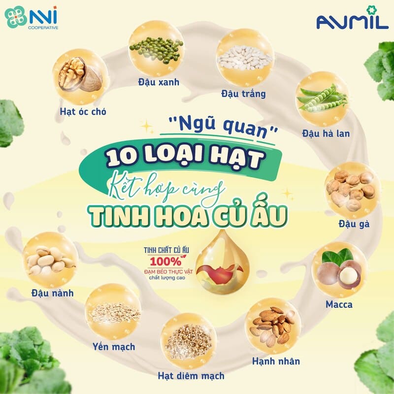 Sữa Aumil được kết hợp từ củ ấu cùng “ngũ quan” 10 loại hạt.