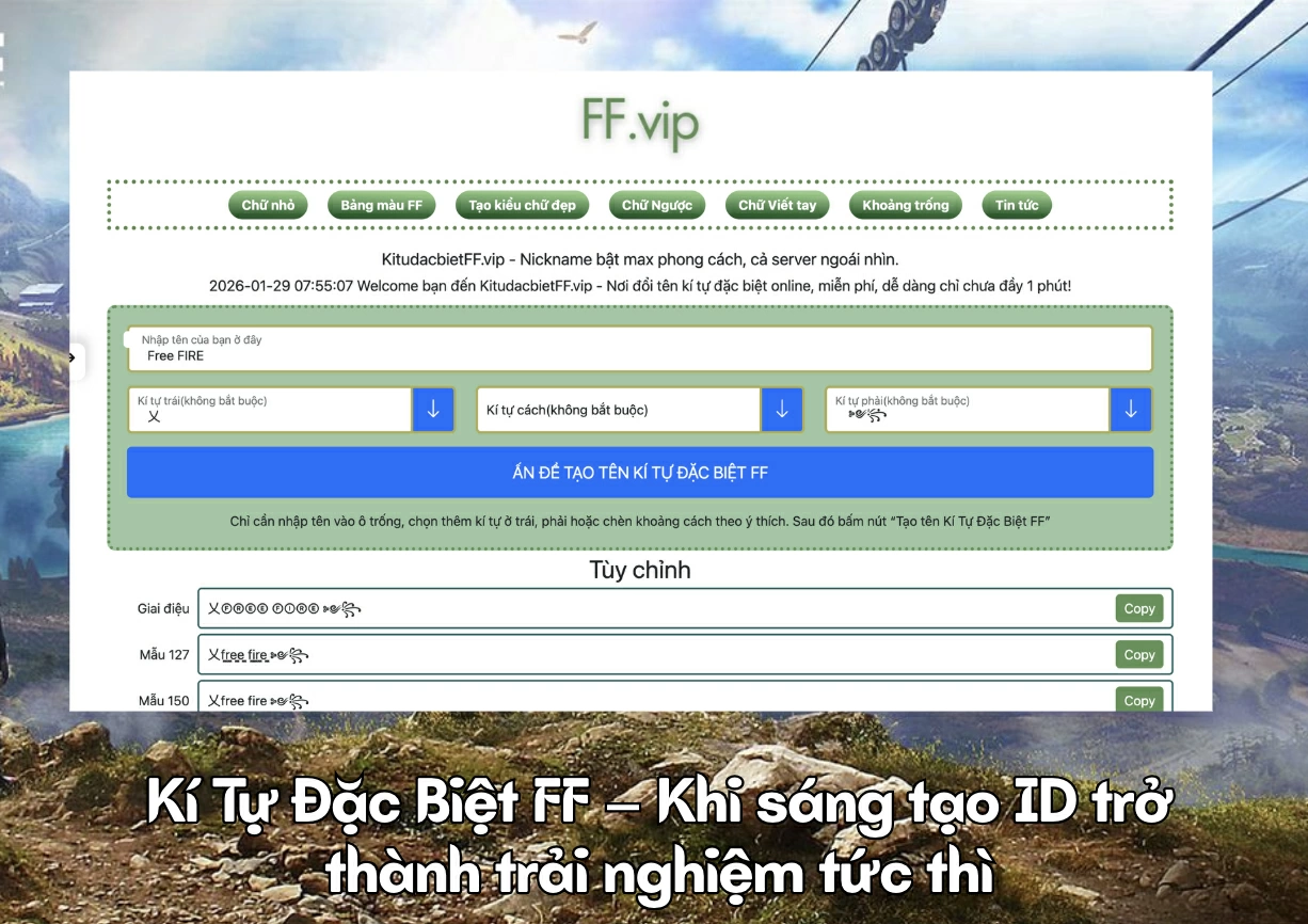 Tại Kí tự đặc biệt FF, game thủ dễ dàng biến việc tạo ID thành trải nghiệm sáng tạo nhanh và độc đáo.