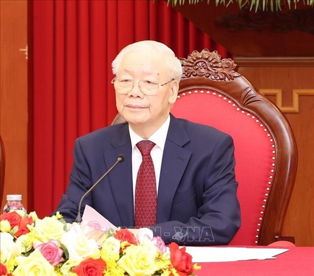 General Secretary of the Communist Party of Vietnam Nguyen Phu Trong holds phone talks with Russian President Vladimir Putin on March 26, 2024. 
