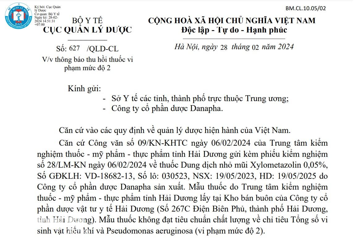 Công văn của Cục Quản lý Dược về việc thu hồi dung dịch nhỏ mũi Xylometazolin 0,05% trên phạm vi toàn quốc