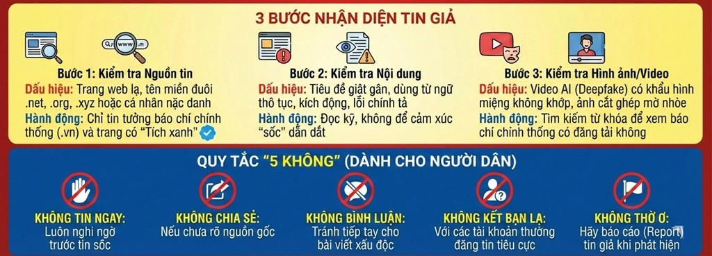 Hình ảnh minh họa: 3 bước nhận diện tin giả và quy tắc 5 không. Nguồn: Internet