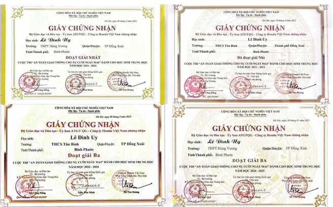 Le Dinh Uy is awarded certificates for first prize (2024), second prize (2022), and third prize (2023, 2025) at the national level in the Traffic Safety for Tomorrow’s Smile Contest organized by the Ministry of Education and Training.

