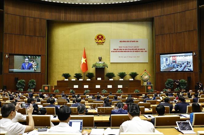 Chủ tịch Quốc hội Trần Thanh Mẫn, Chủ tịch Hội đồng Bầu cử quốc gia phát biểu. Ảnh: Doãn Tấn/TTXVN
