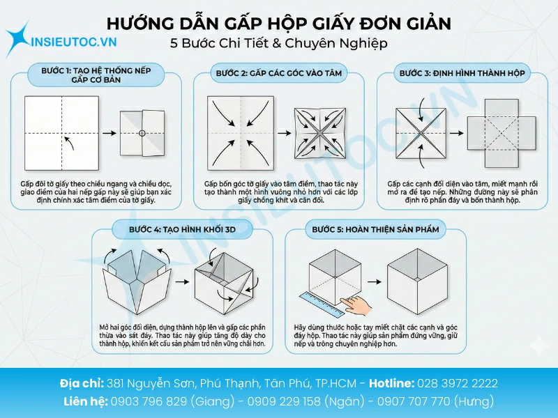 Thực hiện 5 bước gấp kỹ thuật để tạo ra chiếc hộp giấy vuông vắn, cứng cáp và chuyên nghiệp.