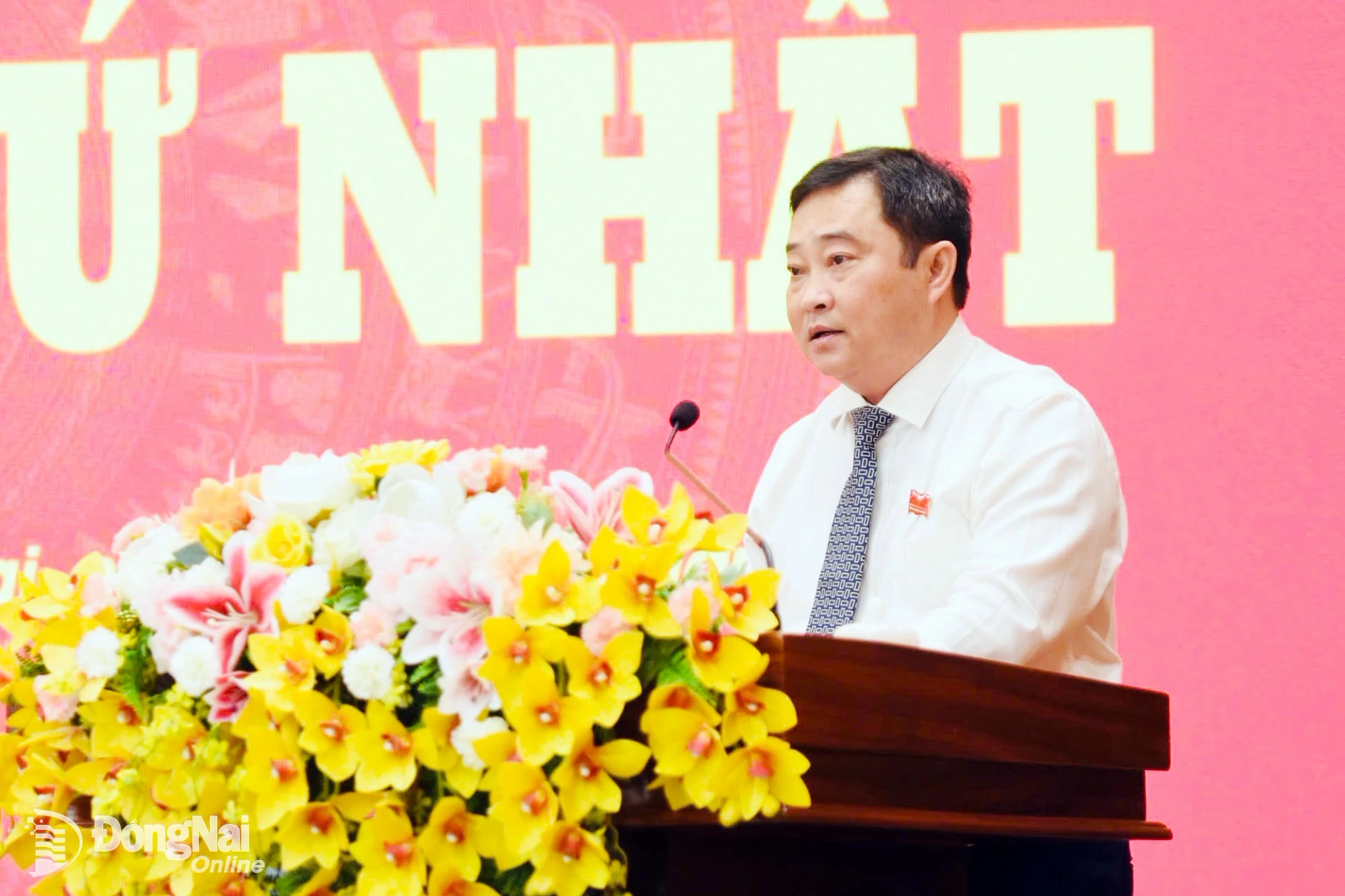 Provincial Party Committee member, Director of the Provincial Department of Home Affairs Nguyen Huu Dinh presents the resolution proposal. Photo: Cong Nghia

