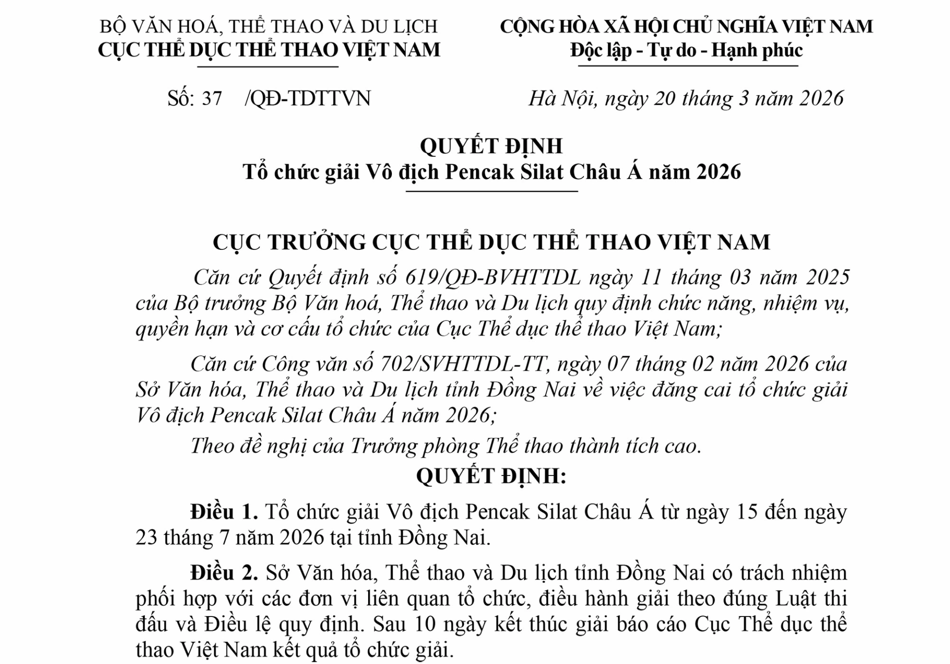 Quyết định số 37 QĐ-TDTTVN của Cục Thể dục Thể thao VIệt Nam