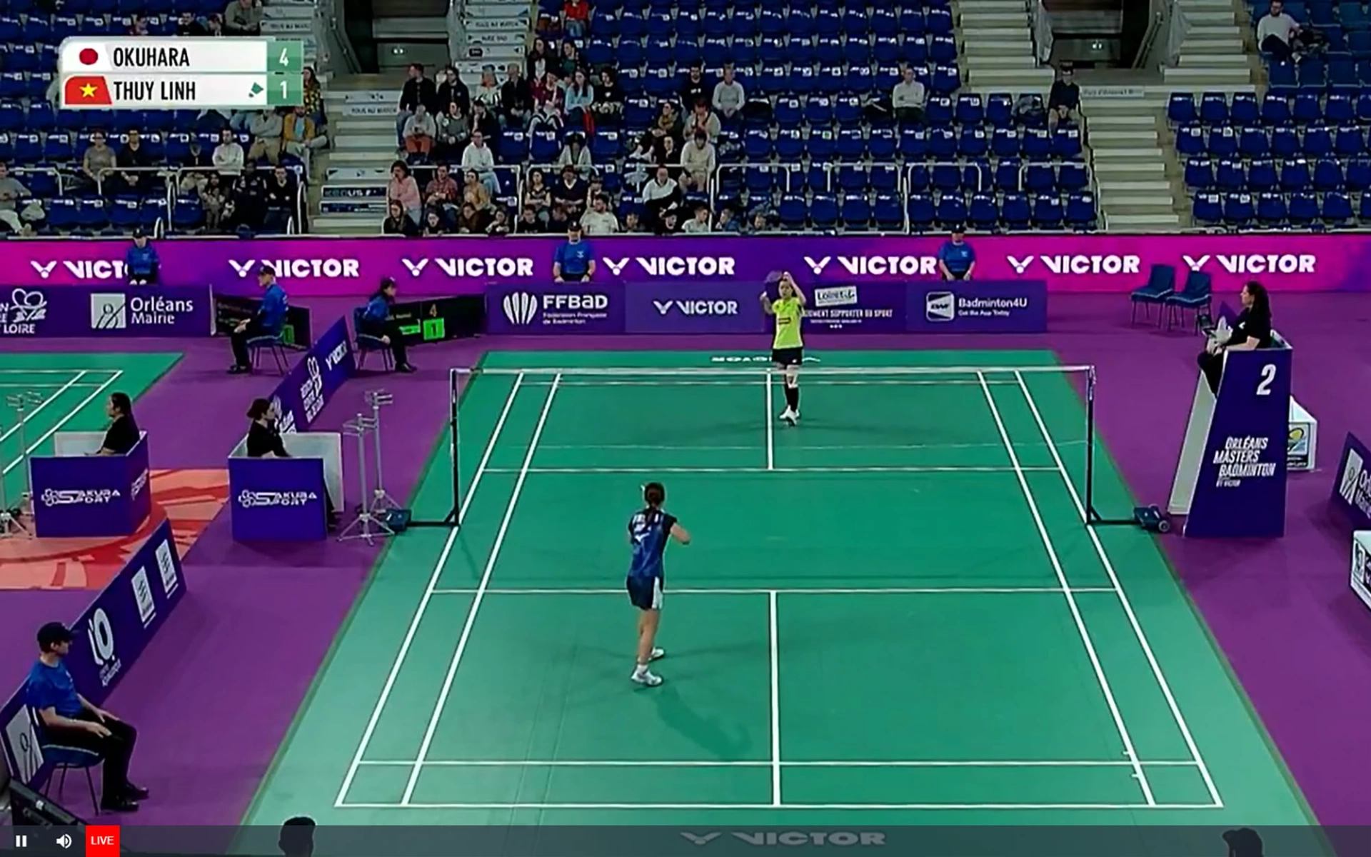 Nguyễn Thùy Linh (hạng 26 thế giới, áo vàng) chạm trán với tay vợt Nozomi Okuhara ở tứ kết đơn nữ. Ảnh chụp màn hình