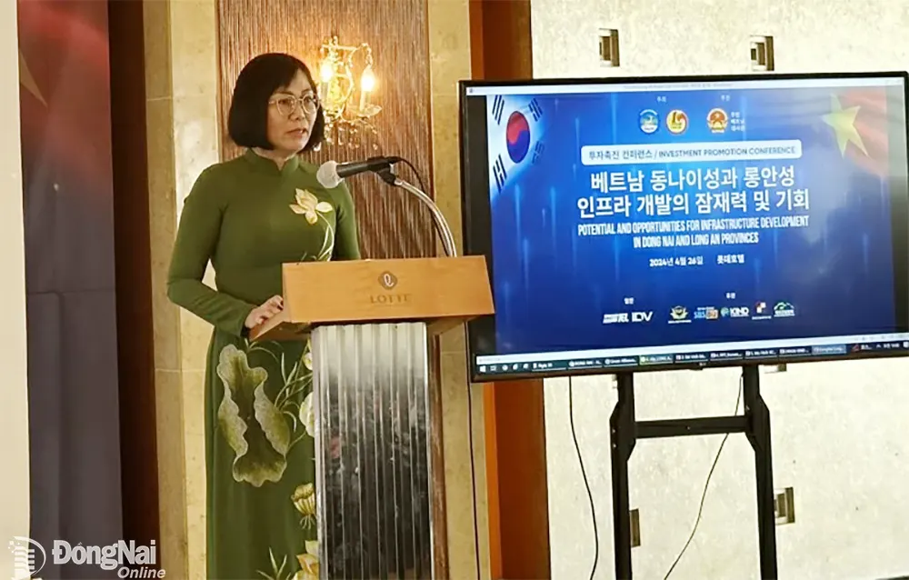 Phó chủ tịch UBND tỉnh Nguyễn Thị Hoàng phát biểu tại hội nghị. Ảnh: Hà Thương
