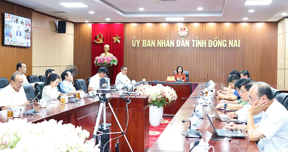 Phó chủ tịch UBND tỉnh Nguyễn Thị Hoàng chủ trì tại điểm cầu Đồng Nai. Ảnh: N.Quỳnh