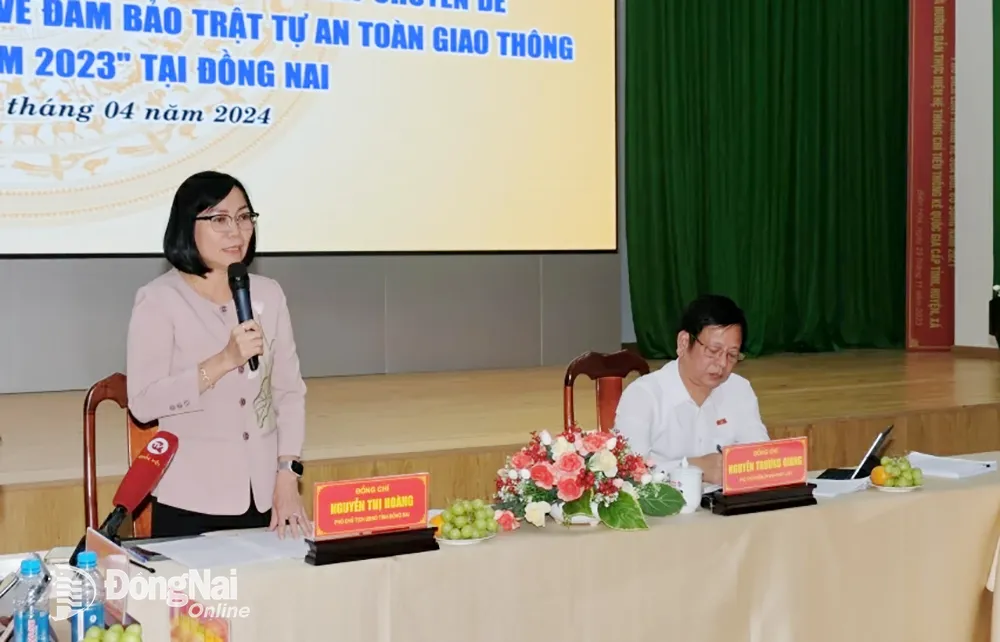 Phó chủ tịch UBND tỉnh Nguyễn Thị Hoàng phát biểu tại hội nghị. Ảnh: Đăng Tùng