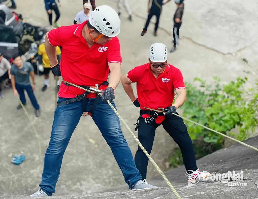 Tập huấn kỹ năng leo núi cho hướng dẫn viên du lịch tại khu vực Đá Ba Chồng huyện Định Quán. Ảnh: N.Liên