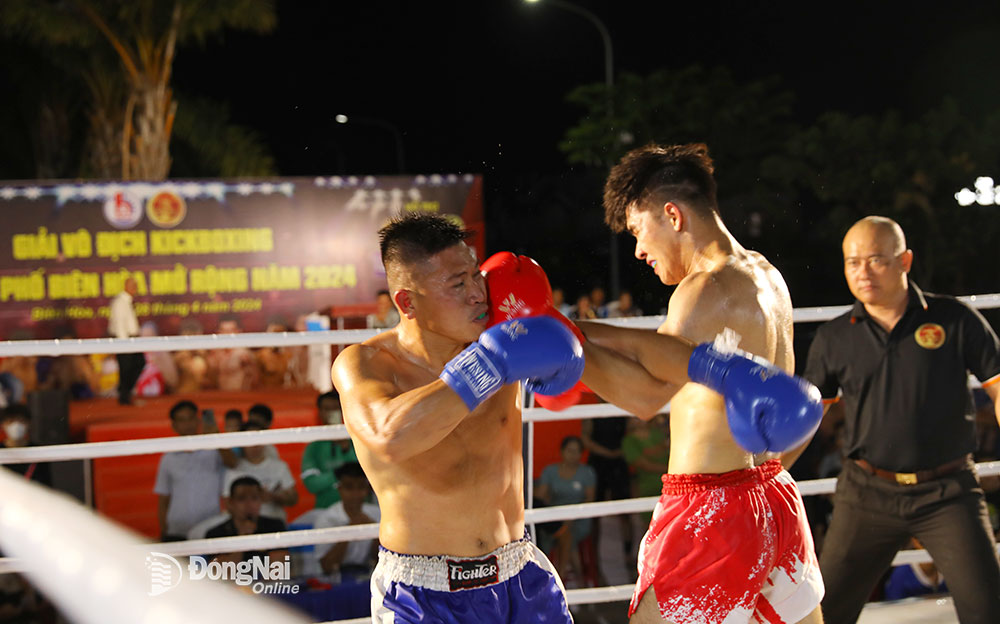 Trận đấu hấp dẫn giữa hai võ sĩ Trần Tuấn Anh (quần đỏ) và Lương Văn Đến ở hạng cân 75kg