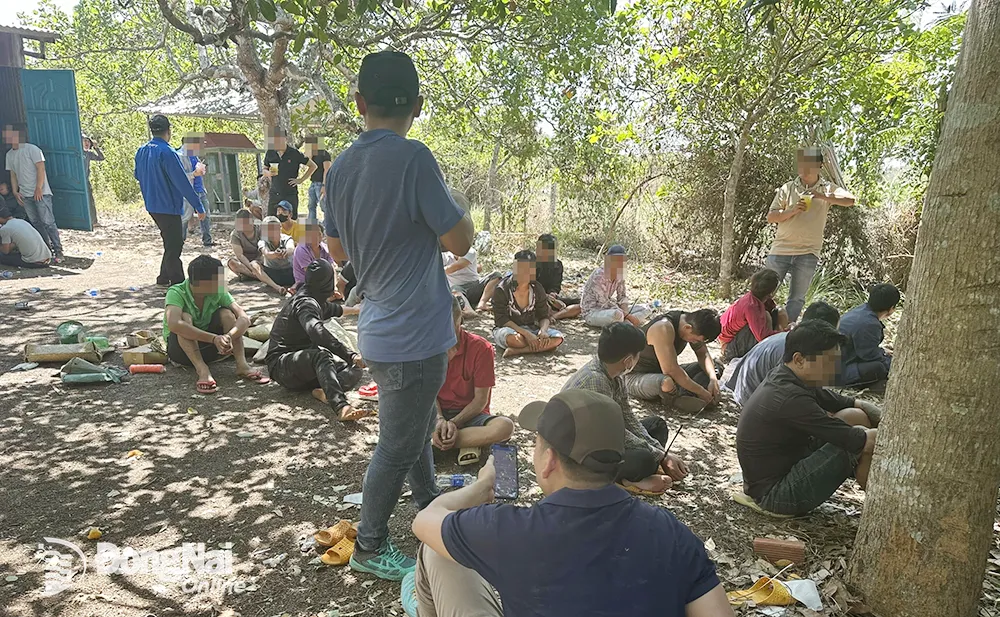 Các đối tượng tham gia sòng gà bị lực lượng công an bắt giữ tại hiện trường. Ảnh: Công an cung cấp