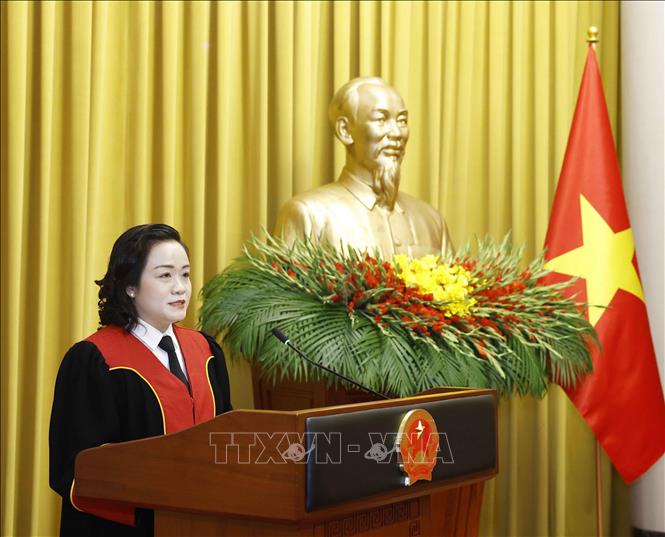 Phó Chánh án Toà án nhân dân Tối cao Nguyễn Hải Trâm phát biểu. Ảnh: Thống Nhất/TTXVN
