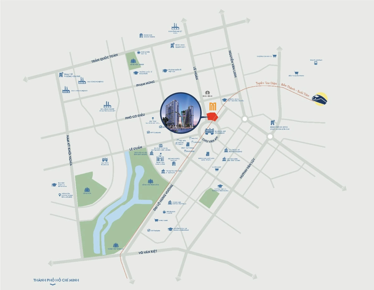 Dự án Nam Mekong Grand Plaza sở hữu 4 mặt tiền đường huyết mạch: Lê Hoàn, Nguyễn Thị Định, Chu Văn An và Đồng Khởi. Nguồn ảnh: nammekong-grandplaza.com