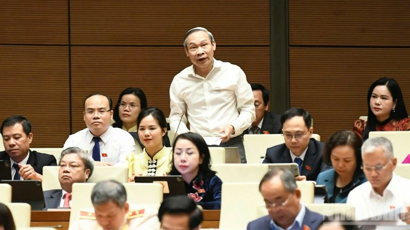 Đại biểu Phan Đức Hiếu (Đoàn Hưng Yên) phát biểu tại hội trường. (Ảnh: DUY LINH)
