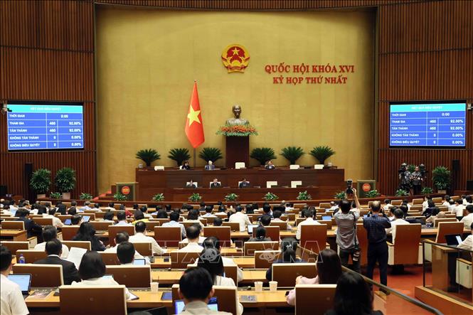 Quốc hội biểu quyết thông qua Nghị quyết về việc ban hành một số quy định về thuế bảo vệ môi trường, thuế giá trị gia tăng, thuế tiêu thụ đặc biệt đối với xăng, dầu và nhiên liệu bay. Ảnh: An Đăng/TTXVN
