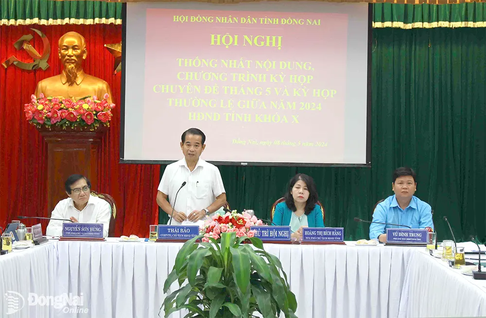 Chủ tịch HĐND tỉnh Thái Bảo phát biểu tại hội nghị. Ảnh: Hồ Thảo
