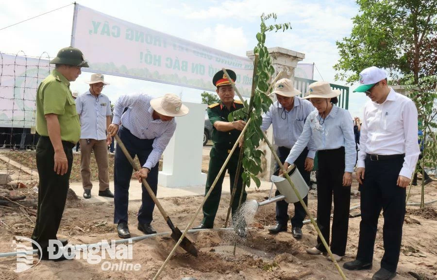 Các đại biểu tham gia trồng cây xanh. Ảnh: Nguyệt Hà