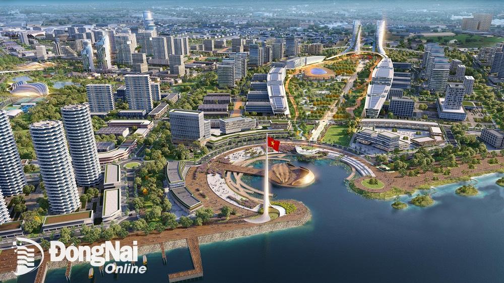 Phối cảnh Trung tâm chính trị - hành chính tỉnh tại cuộc thi Ý tưởng quy hoạch chuyển đổi công năng Khu công nghiệp Biên Hòa 1 thành Khu đô thị - thương mại - dịch vụ. Ảnh: Tư liệu