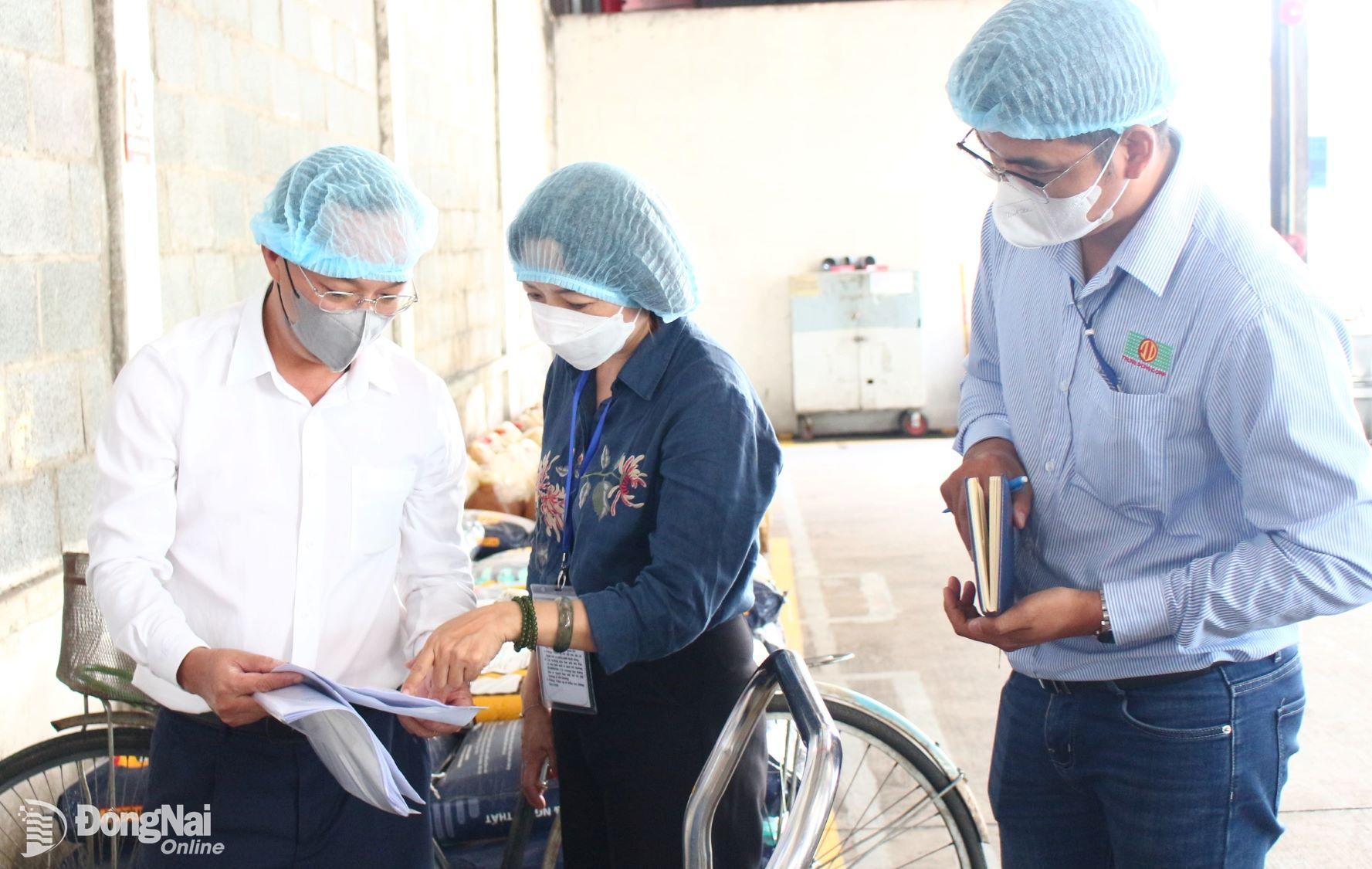 Đoàn kiểm tra bảng hướng dẫn sử dụng an toàn hóa chất tại Công ty CP Trung Đông. Ảnh: L.Mai