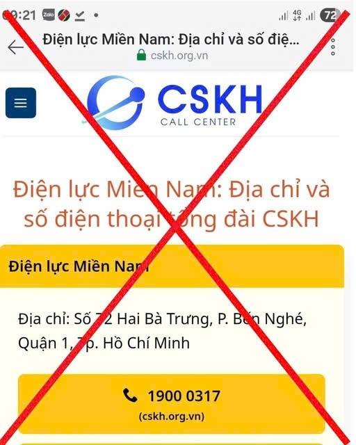 Đáng lưu ý, trang này ghi rõ cước phí gọi đến tổng đài có mức giá 8.000 đồng/phút (cao gấp 8 lần cước phí tổng đài chính thức của EVNSPC).