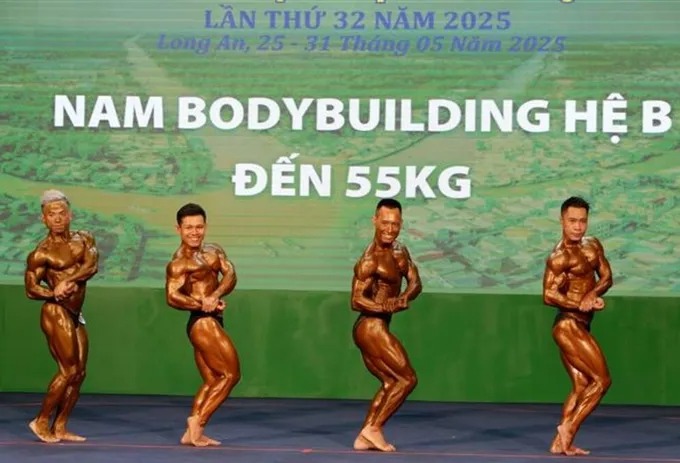 Giải thể hình vô địch quốc gia 2025 đang thi đấu tại Long An. Ảnh: TTXVN