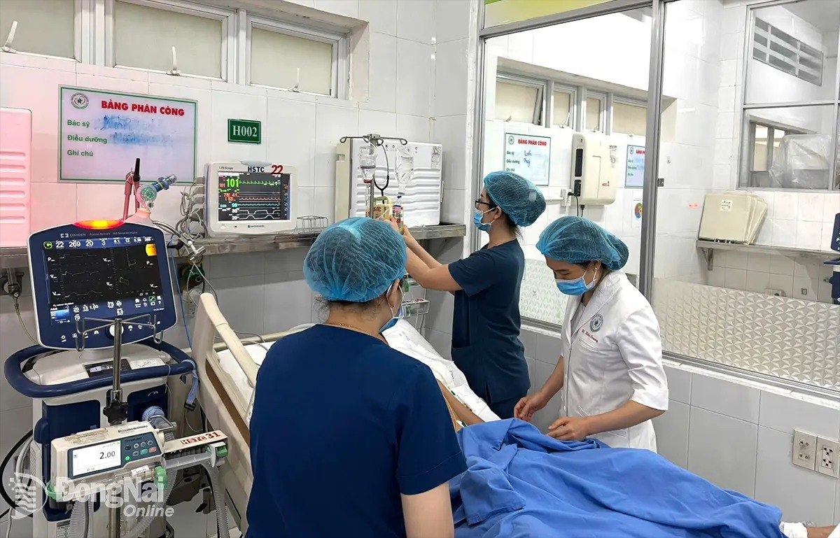 Các bác sĩ Khoa Hồi sức - tích cực - chống độc, Bệnh viện Nhi đồng Đồng Nai đang cứu chữa cho bé N.P.T. Ảnh: Bích Nhàn