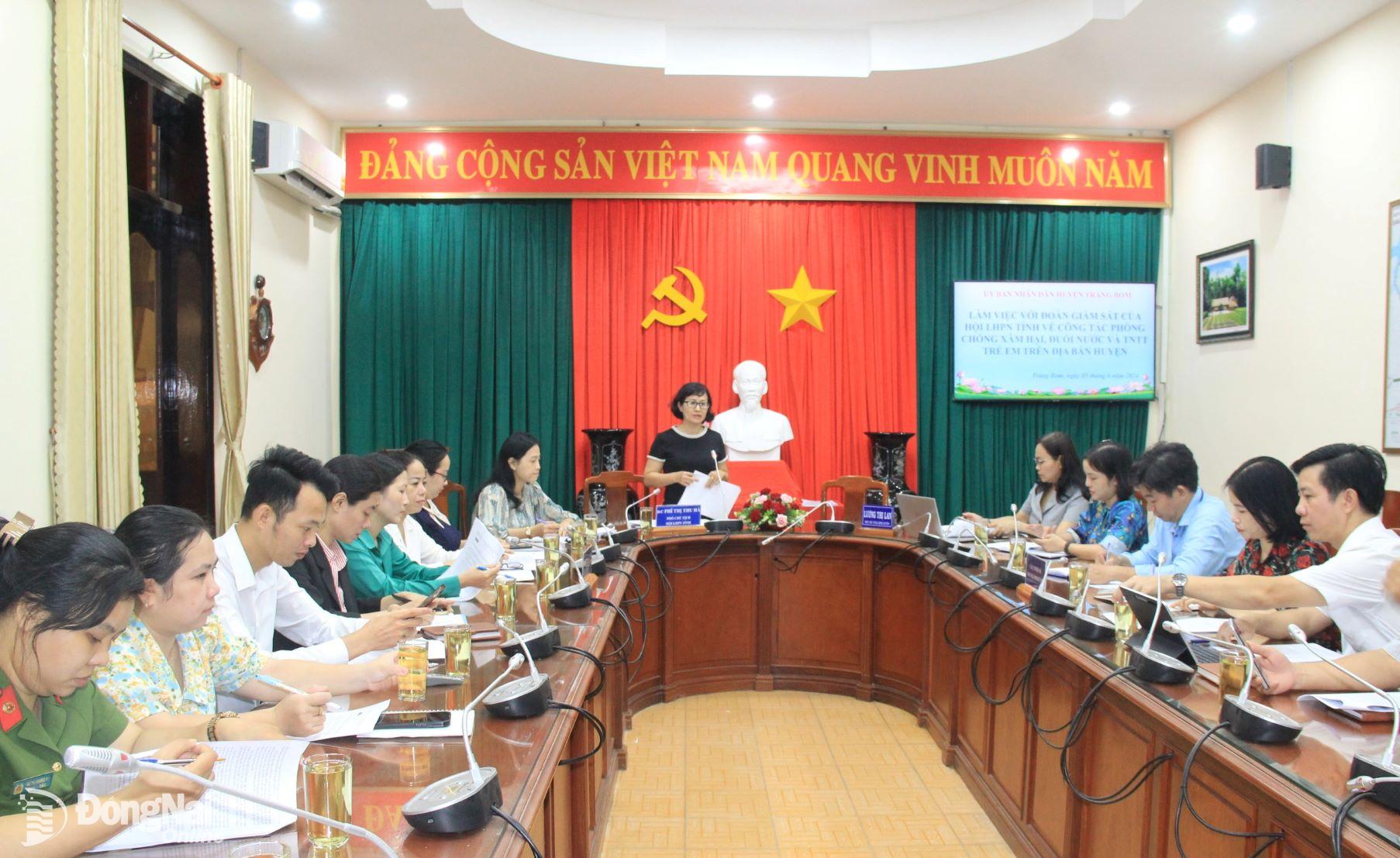 Phó chủ tịch Hội Liên hiệp phụ nữ tỉnh Phí Thị Thu Hà phát biểu tại buổi giám sát. Ảnh: Nga Sơn