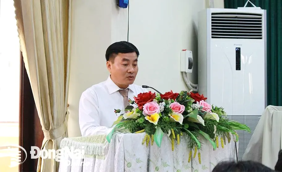 Quyền Chủ tịch UBND huyện Trảng Bom Lê Ngọc Tiên phát biểu nhận nhiệm vụ. Ảnh: H.Thảo
