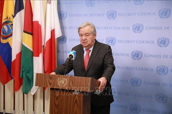 Tổng thư ký LHQ Antonio Guterres phát biểu trong cuộc họp báo ở New York, Mỹ ngày 7-5-2024. Ảnh: THX/TTXVN