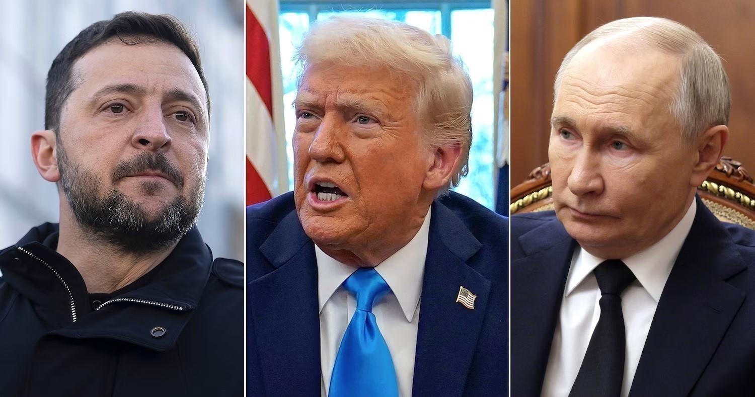 Từ trái sang, Tổng thống Ukraine Volodymyr Zelensky, Tổng thống Mỹ Donald Trump và Tổng thống Nga Vladimir Putin. Ảnh: AP/TTXVN