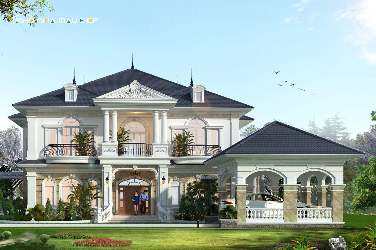 Biệt thự 2 tầng tân cổ điển có sân vườn rộng rãi trồng nhiều cây xanh.