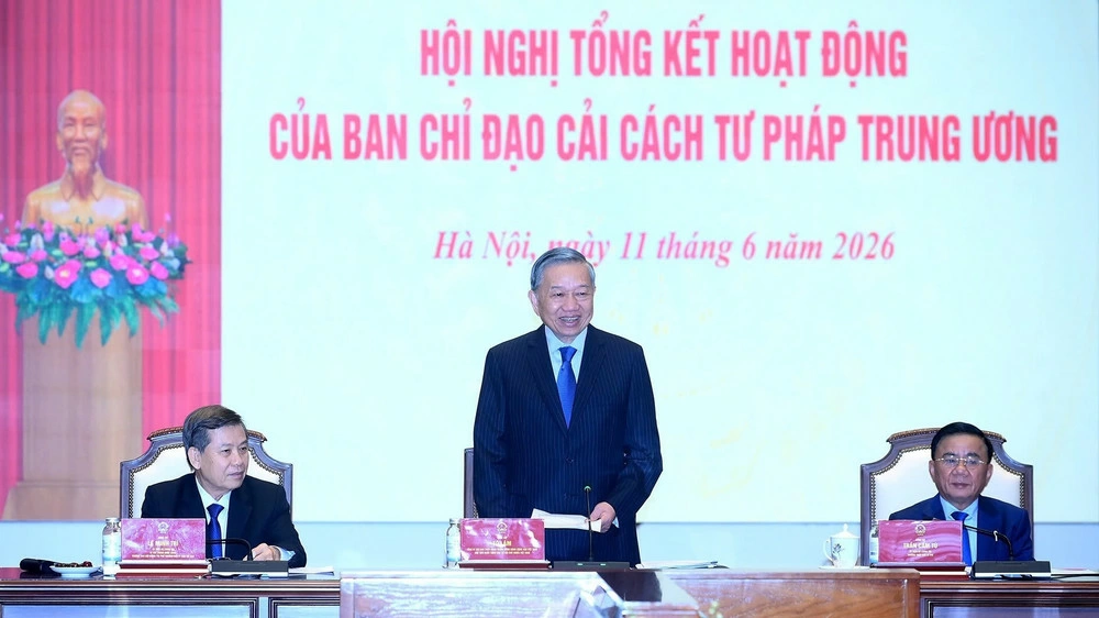 Tổng Bí thư, Chủ tịch nước Tô Lâm phát biểu tại Hội nghị Tổng kết hoạt động của Ban Chỉ đạo Cải cách tư pháp Trung ương. (Ảnh: ĐĂNG KHOA)

