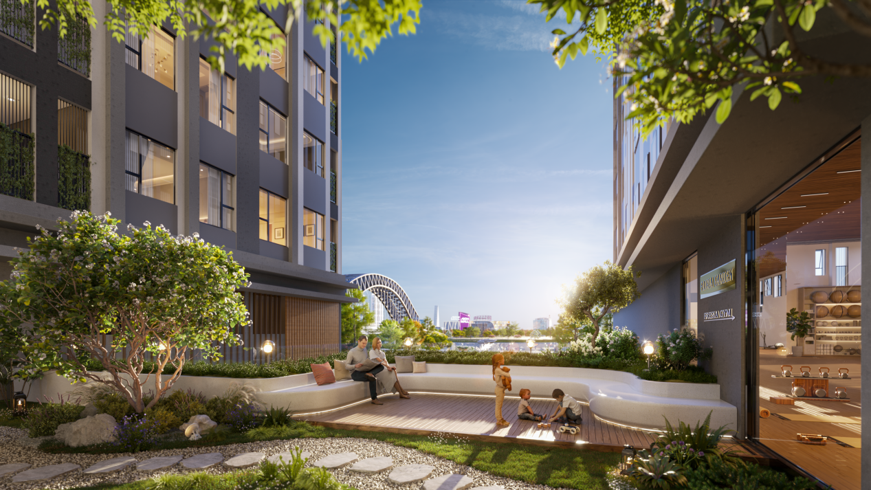 Bước qua cánh cổng dự án, cư dân Fresia Riverside được hòa nhịp vào không gian sống xanh yên bình ngay trước thềm nhà.