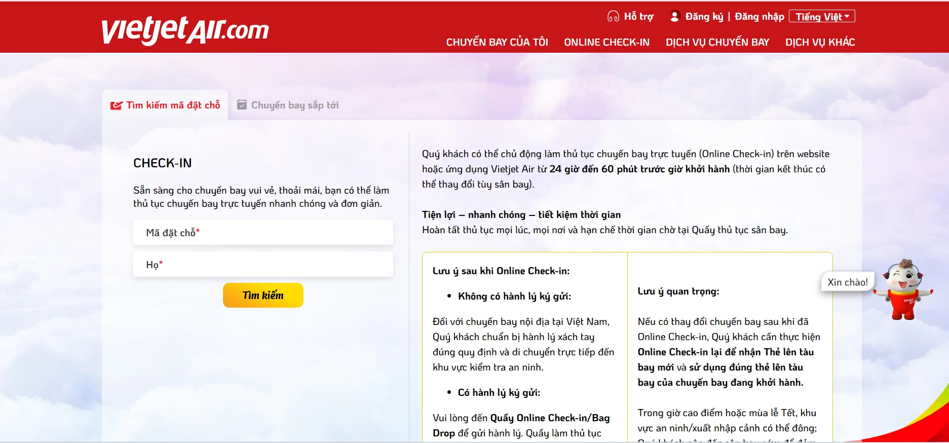 Giao diện Online Check-in trên website. Nguồn: Vietjet Air