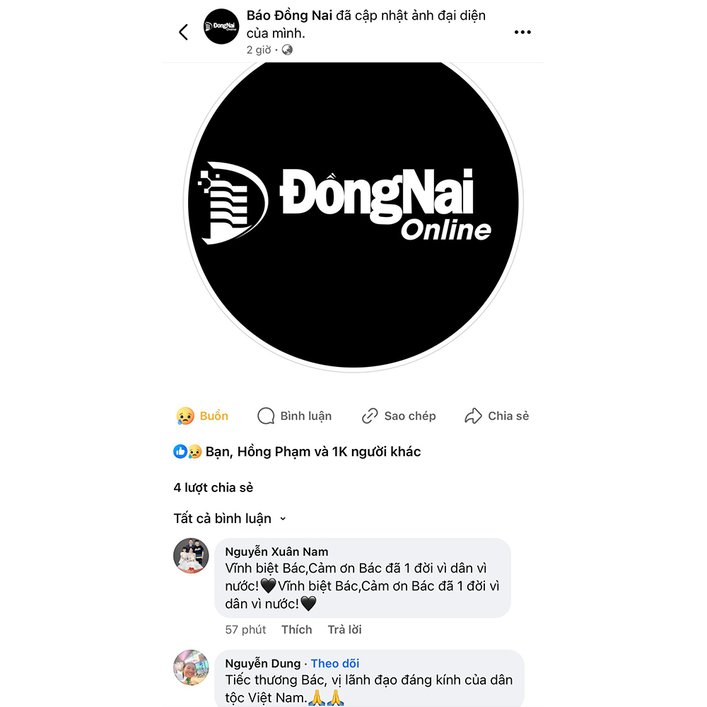 Người dùng Facebook bình luận xúc động, tiếc thương trên fanpage Báo Đồng Nai trước thông tin Tổng bí thư từ trần...