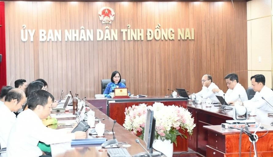Phó chủ tịch UBND tỉnh Nguyễn Thị Hoàng chủ trì tại điểm cầu Đồng Nai. Ảnh: B.Nguyên
