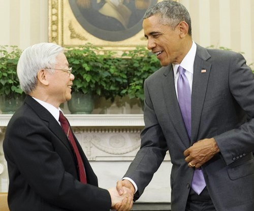 Tổng thống Mỹ Barack Obama đón tiếp Tổng Bí thư Nguyễn Phú Trọng- Ảnh TTXVN 