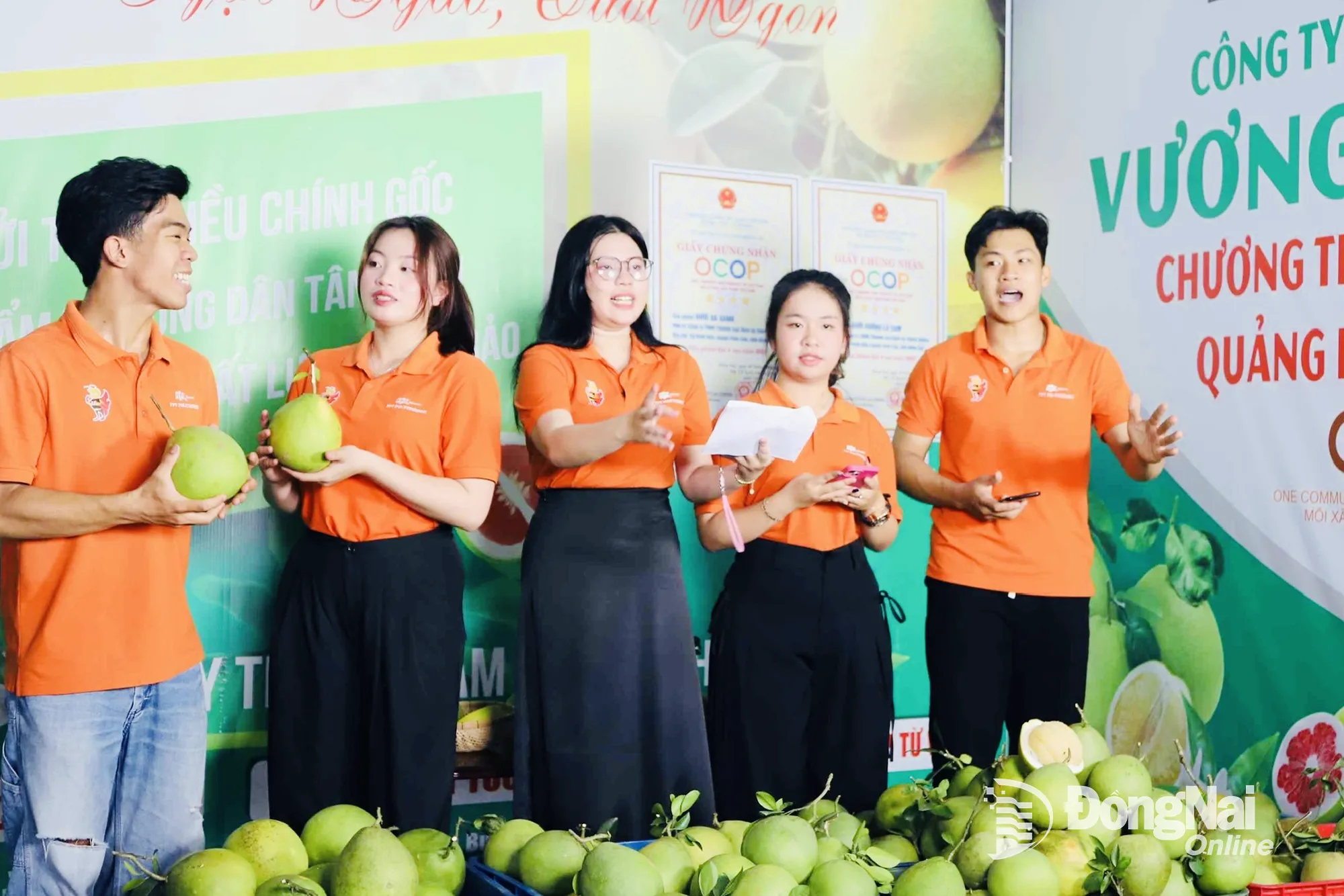 The livestream session selling Tan Trieu pomelo, a specialty pomelo, to help farmers in Tan Trieu commune was organized by the Provincial Farmers Union in coordination with FPT Polytechnic Dong Nai College, located in Tam Hiep Ward. Photo: B. Nguyen