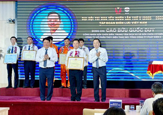 Lãnh đạo EVN tặng giấy khen cho anh Cao Bửu Quốc Duy.