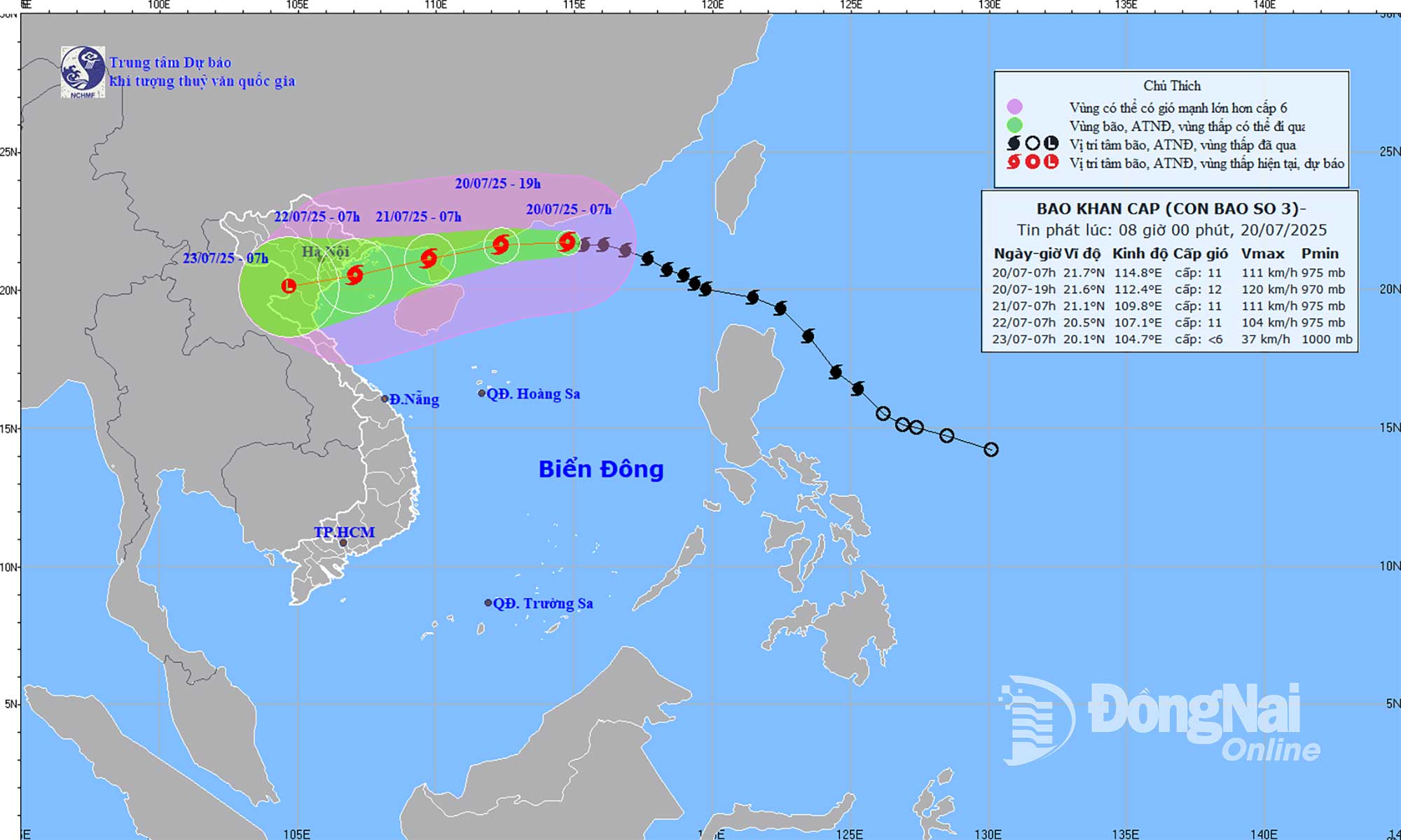 Bản đồ dự báo quỹ đạo và cường độ bão số 3 phát lúc 8 giờ ngày 20-7.